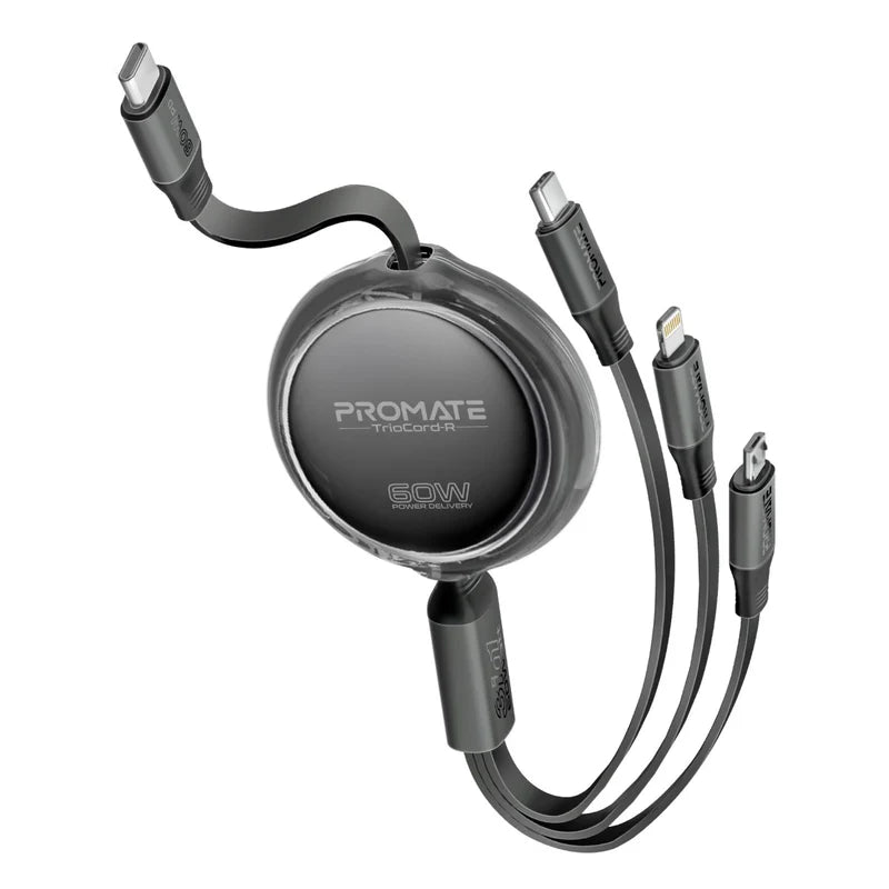 Promate TriCord-R 3-in-1 Ultra-Fast Retractable Multi-Connector Cable (60W PD, 1.1m) Black Charging Cable | Vishal Electronics Kolkata