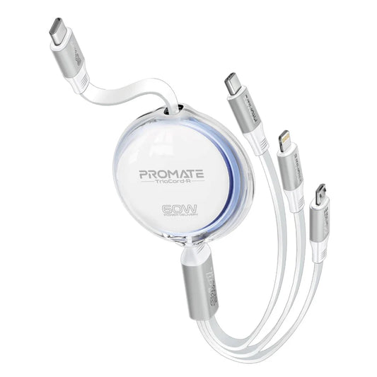 Promate TriCord-R 3-in-1 Ultra-Fast Retractable Multi-Connector Cable (60W PD, 1.1m) White Charging Cable | Vishal Electronics Kolkata