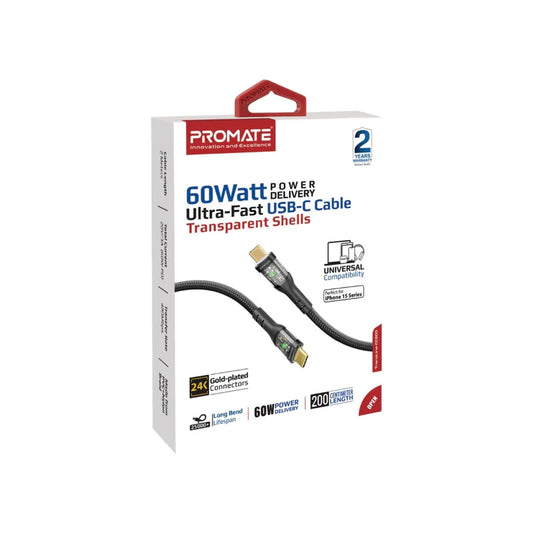 Promate TransLine-CC 60W USB-C to USB-C Cable (Transparent Shell, 1.2m, Black) Charging Cable | Vishal Electronics Kolkata