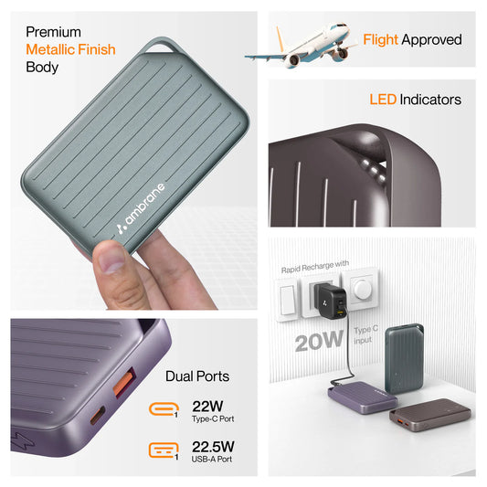 Ambrane Line 10 10000mAh Power Bank | 22.5W Fast Charging | Type-C PD