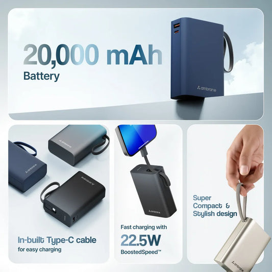 Ambrane MiniCharge 20 20000mAh Power Bank | 22.5W BoostedSpeed | Built-in Type-C Cable