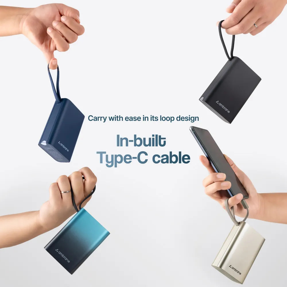 Ambrane MiniCharge 20 20000mAh Power Bank | 22.5W BoostedSpeed | Built-in Type-C Cable Power Bank | Vishal Electronics Kolkata