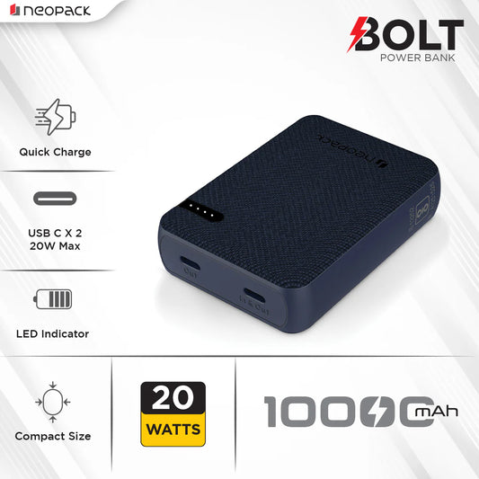 Neopack Bolt Power Bank 10000mAh (20W) Navy Blue Power Bank | Vishal Electronics Kolkata