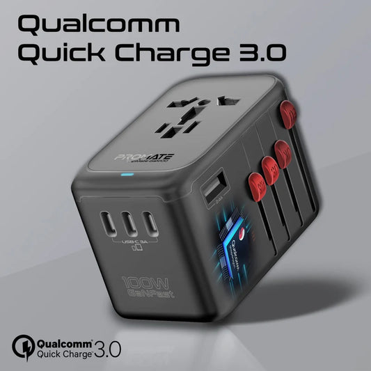 Promate TripMate GaN100 100W Power Delivery Multi-Port Travel Adapter Black Travel Adapter | Vishal Electronics Kolkata