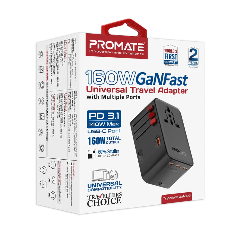 Promate TripMate-GaN160 160W Universal Travel Adapter with GaNFast Charging Travel Adapter | Vishal Electronics Kolkata