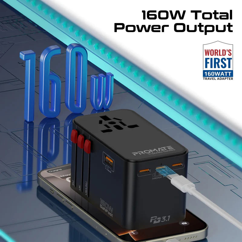 Promate TripMate-GaN160 160W Universal Travel Adapter with GaNFast Charging Travel Adapter | Vishal Electronics Kolkata