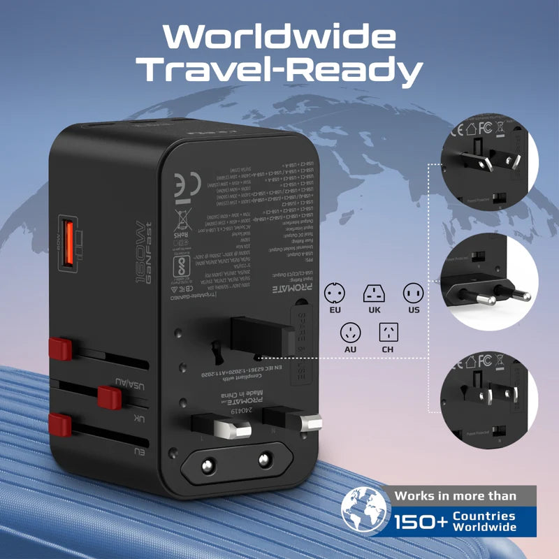 Promate TripMate-GaN160 160W Universal Travel Adapter with GaNFast Charging Travel Adapter | Vishal Electronics Kolkata
