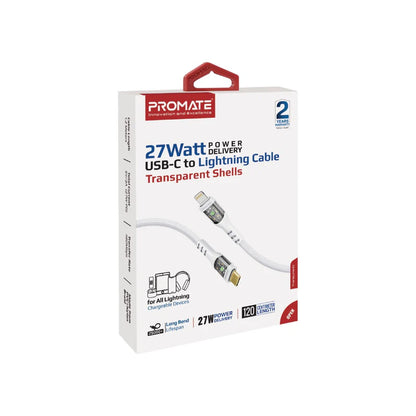 Promate TransLine-CI 27W USB-C to Lightning Cable (Transparent Shell, 1.2m, White) Charging Cable | Vishal Electronics Kolkata