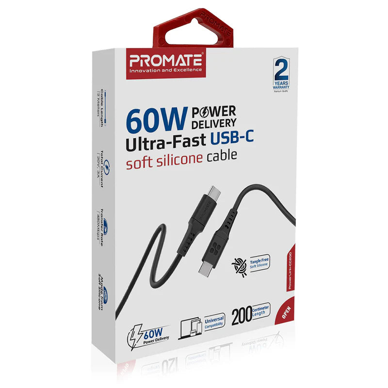 Promate PowerLink-CC200 60W Ultra-Fast USB-C Soft Silicone Cable (2m, Black) Charging Cable | Vishal Electronics Kolkata
