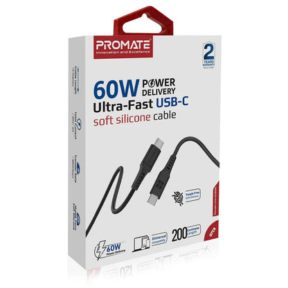 Promate PowerLink-CC200 60W Ultra-Fast USB-C Soft Silicone Cable (2m, Black) Charging Cable | Vishal Electronics Kolkata