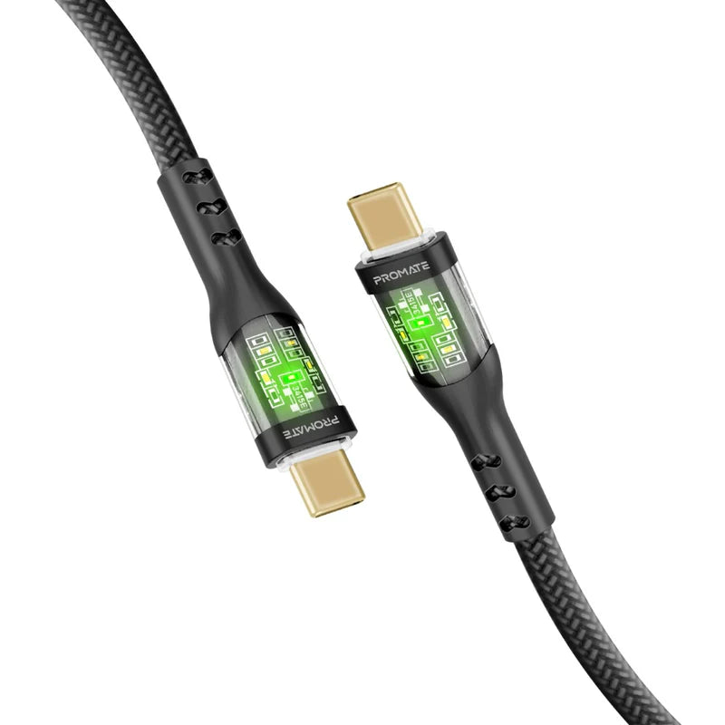 Promate TransLine-CC 60W USB-C to USB-C Cable (Transparent Shell, 1.2m, Black) Black Charging Cable | Vishal Electronics Kolkata