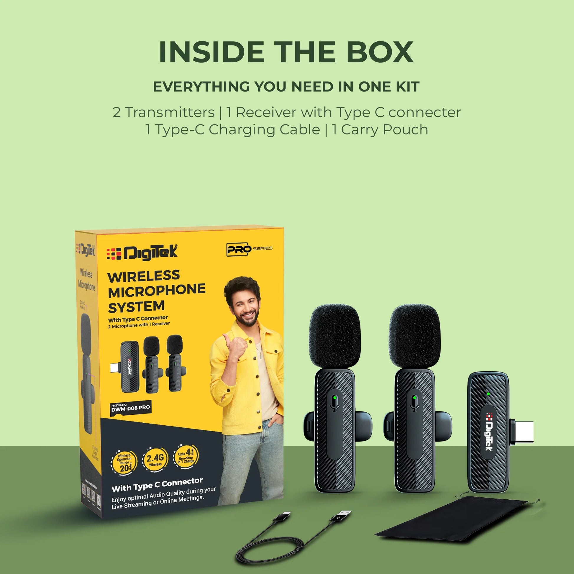 Digitek DWM-008 PRO Dual Wireless Microphone Type-C | 2 Mic System Wireless Microphone | Vishal Electronics Kolkata