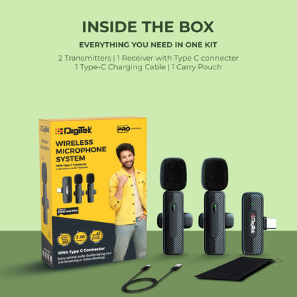 Digitek DWM-008 PRO Dual Wireless Microphone Type-C | 2 Mic System Wireless Microphone | Vishal Electronics Kolkata