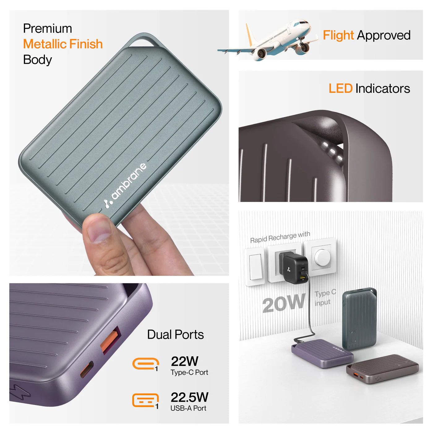Ambrane Line 10 10000mAh Power Bank | 22.5W Fast Charging | Type-C PD Power Bank | Vishal Electronics Kolkata