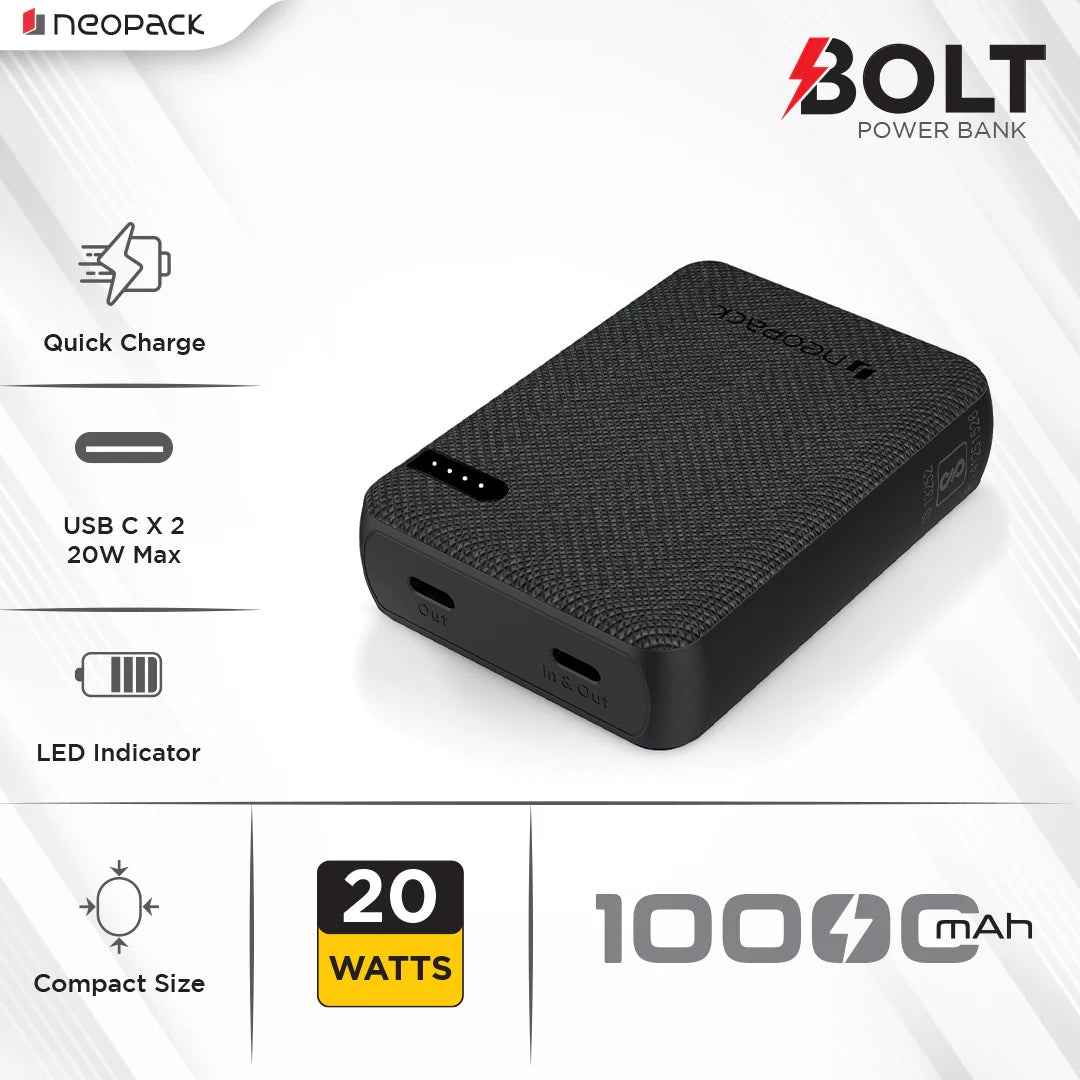 Neopack Bolt Power Bank 10000mAh (20W) Black Power Bank | Vishal Electronics Kolkata