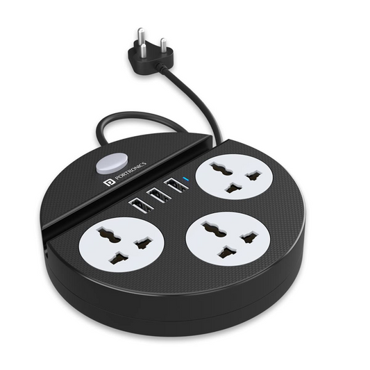 Portronics Power Plate 5 Extension Board with 3 USB & 3 Sockets Black Extension Board | Vishal Electronics Kolkata
