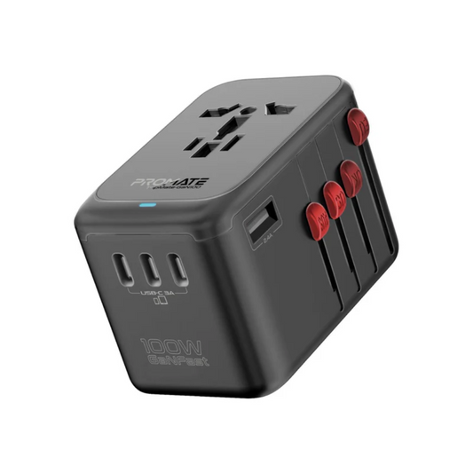Promate TripMate GaN100 100W Universal Travel Adapter with USB-C PD Black Travel Adapter | Vishal Electronics Kolkata