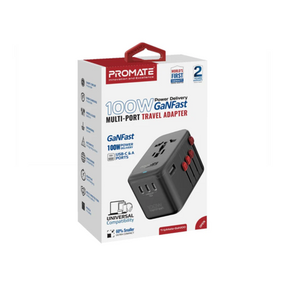 Promate TripMate GaN100 100W Universal Travel Adapter with USB-C PD Travel Adapter | Vishal Electronics Kolkata