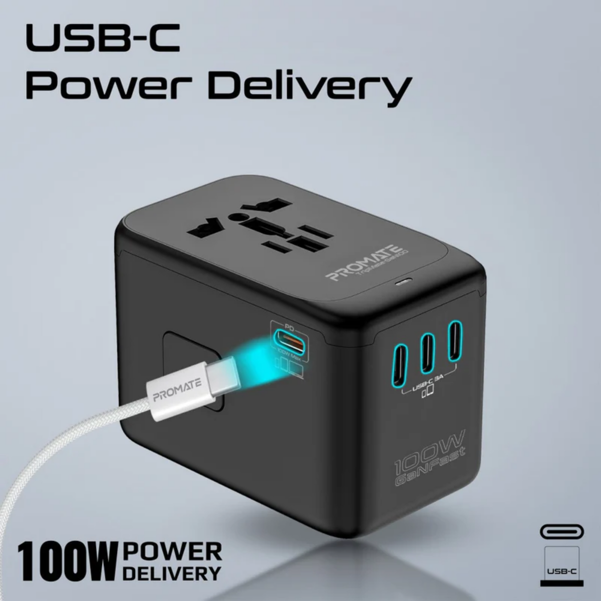 Promate TripMate GaN100 100W Universal Travel Adapter with USB-C PD Travel Adapter | Vishal Electronics Kolkata