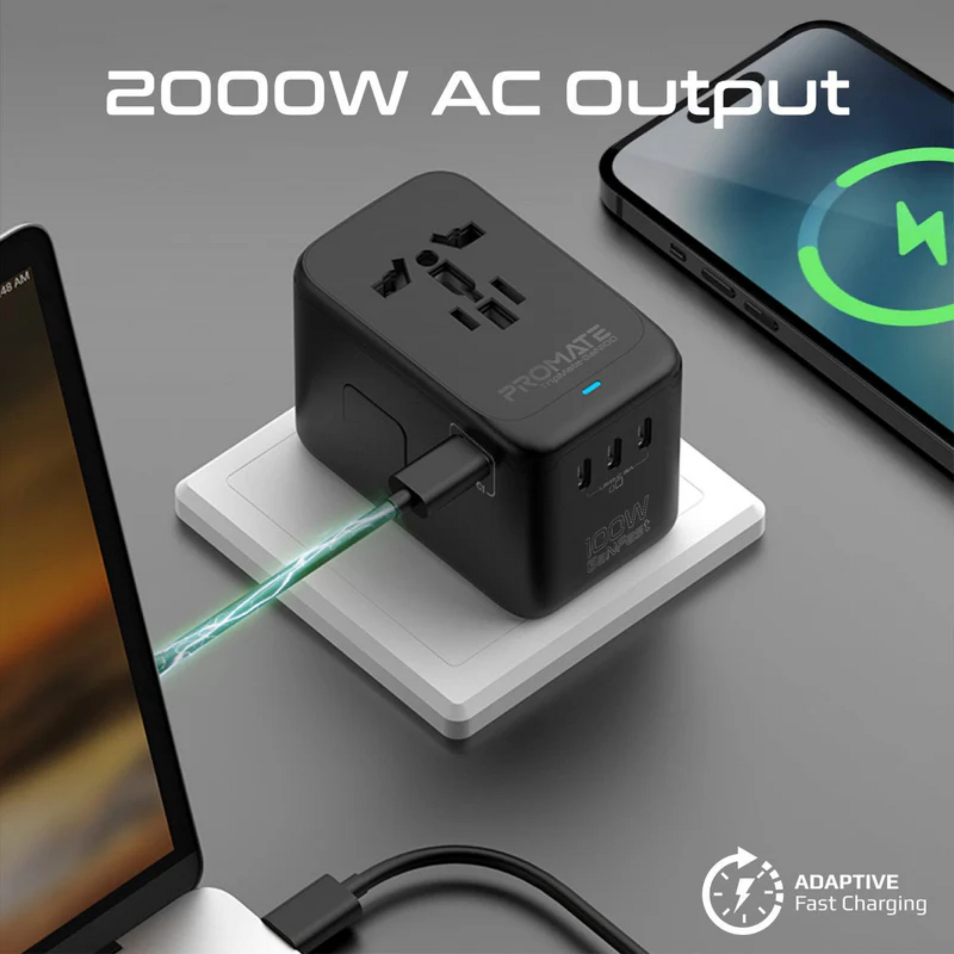Promate TripMate GaN100 100W Universal Travel Adapter with USB-C PD Travel Adapter | Vishal Electronics Kolkata