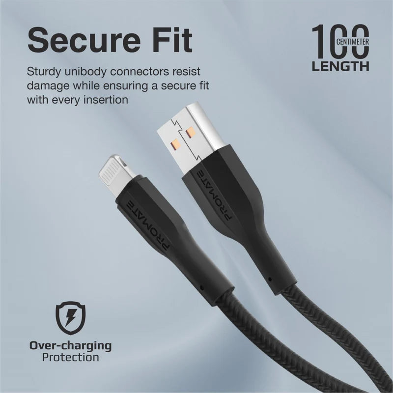 Promate Xcord-Ai Lightning Cable 100cm (Black/White) Cable | Vishal Electronics Kolkata