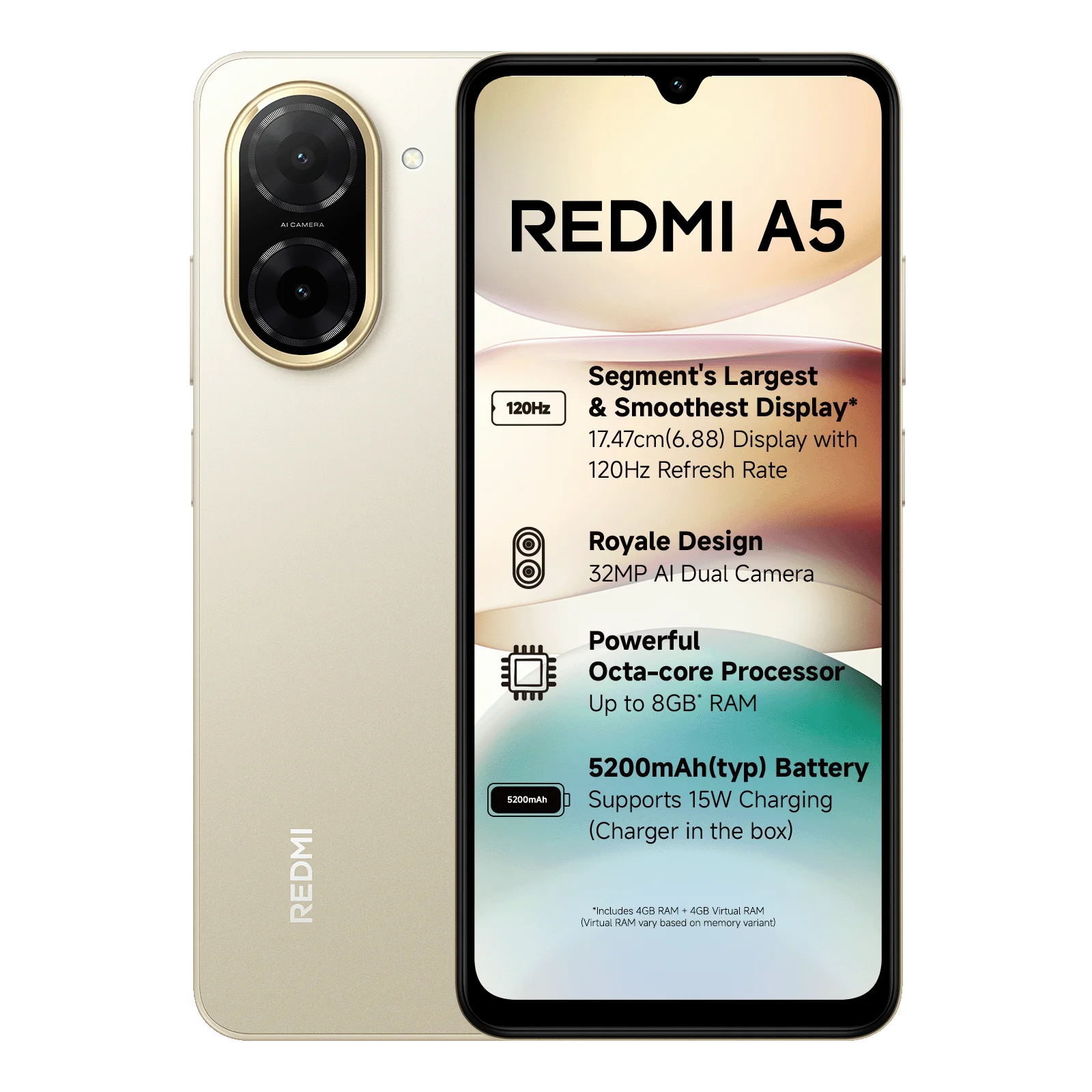 Redmi A5 (3GB+64GB) Jaisalmer Gold Mobile & Smart Phones | Vishal Electronics Kolkata