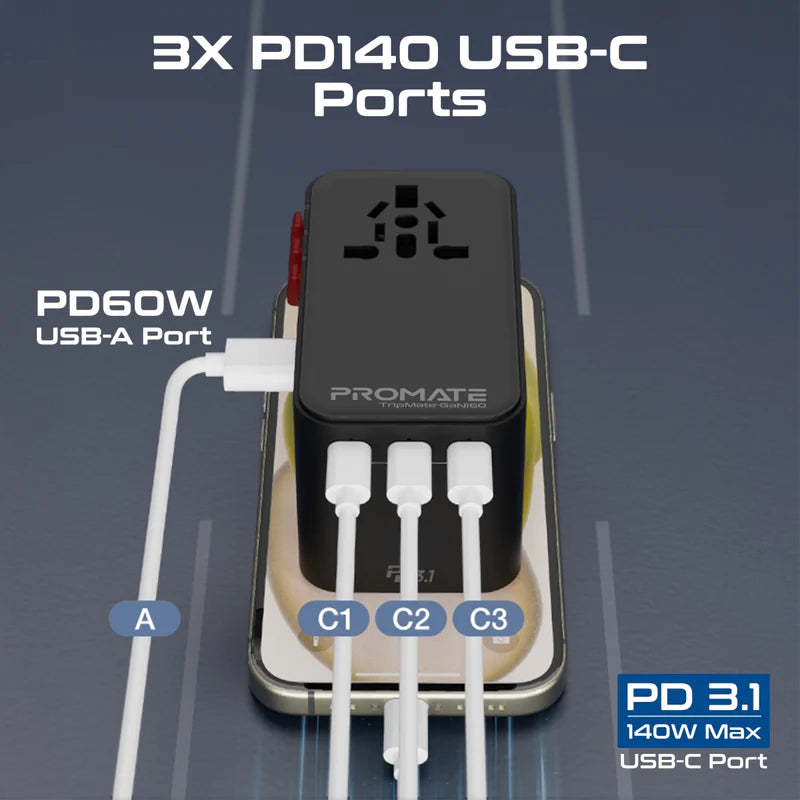 Promate TripMate-GaN160 160W Universal Travel Adapter with GaNFast Charging Travel Adapter | Vishal Electronics Kolkata