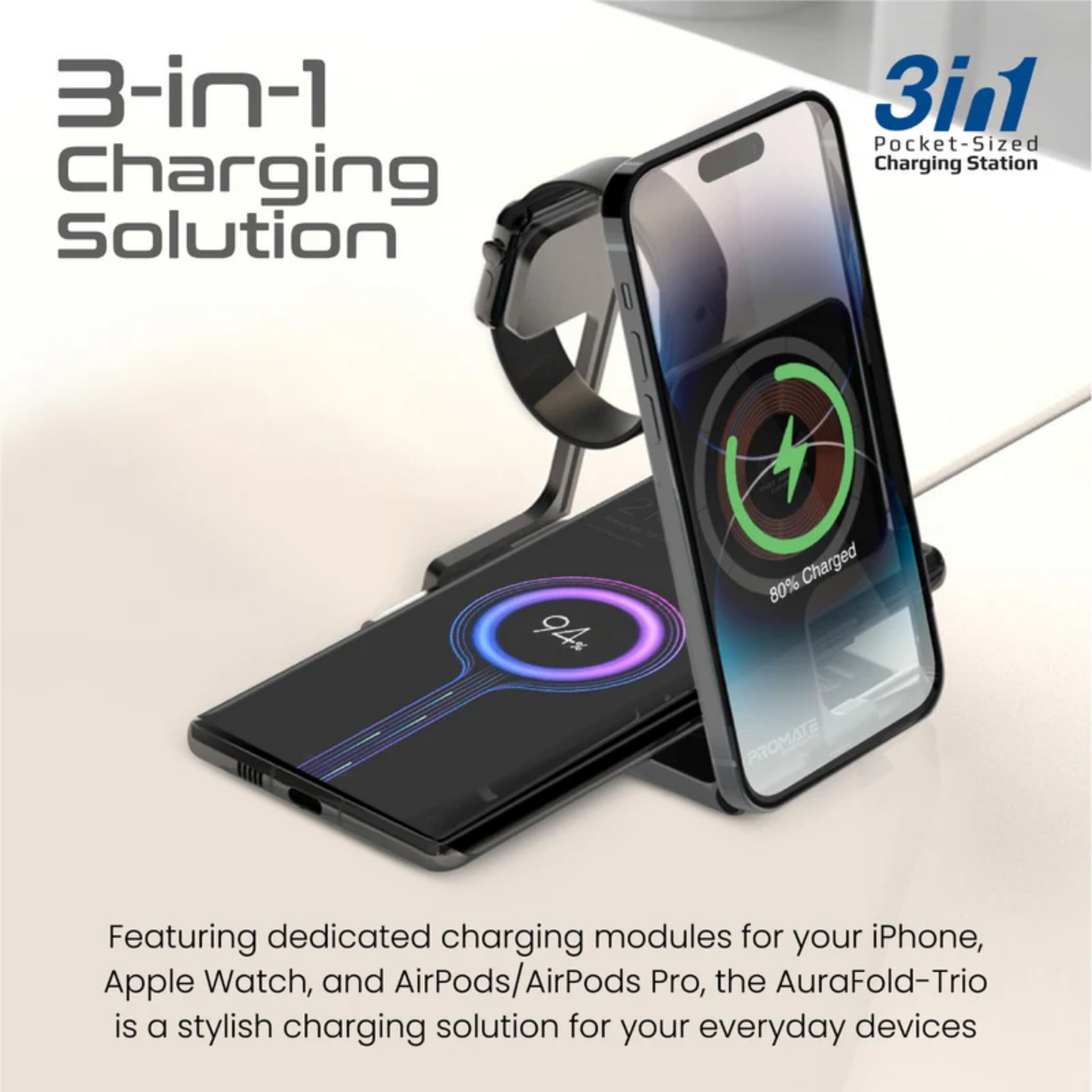 Promate AUROFOLD-TRIO 15W MagSafe Compatible 3-in-1 Foldable Wireless Charging Station | Vishal Electronics Kolkata