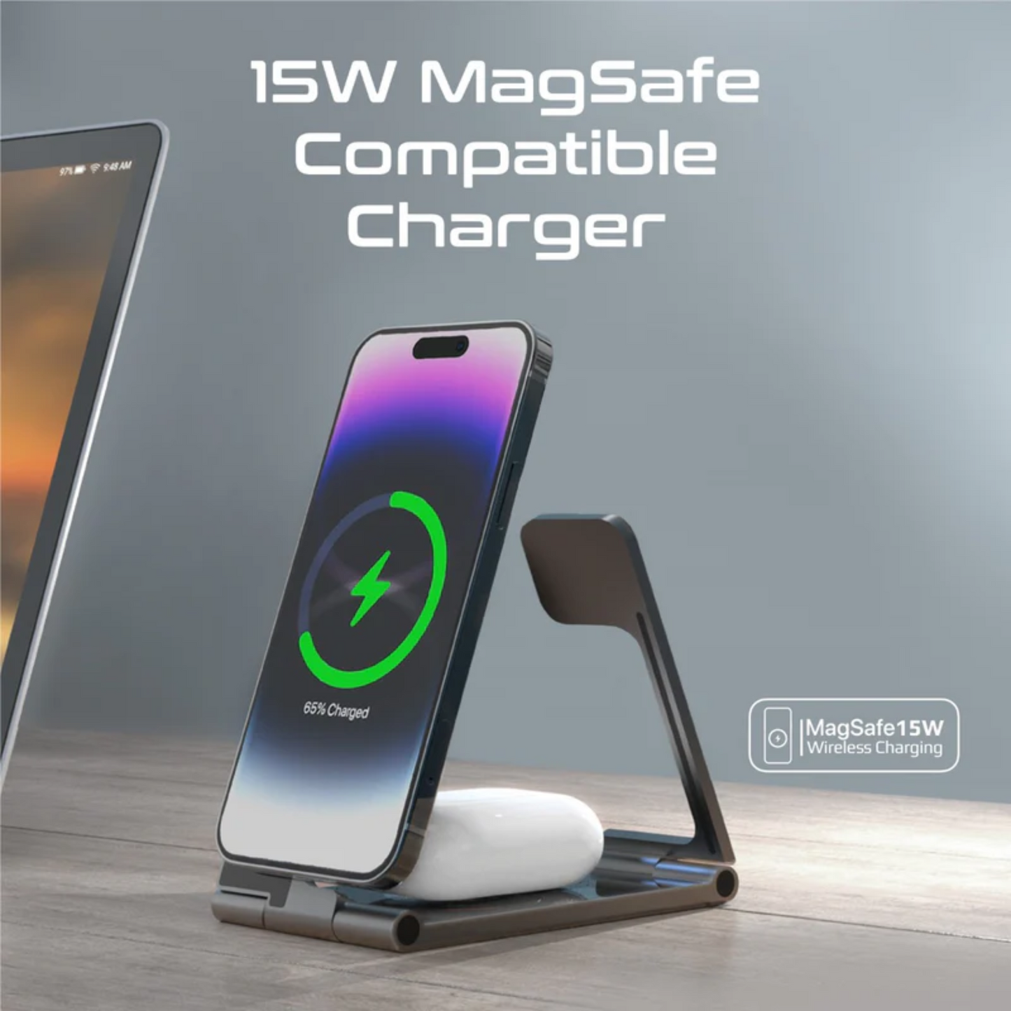 Promate AUROFOLD-TRIO 15W MagSafe Compatible 3-in-1 Foldable Wireless Charging Station | Vishal Electronics Kolkata